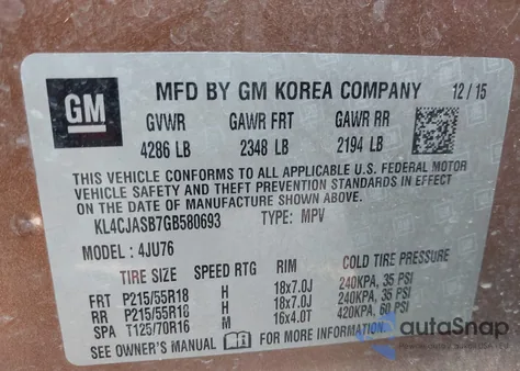 2016 Buick Encore z USA, uszkodzony, nr VIN KL4CJASB7GB580693